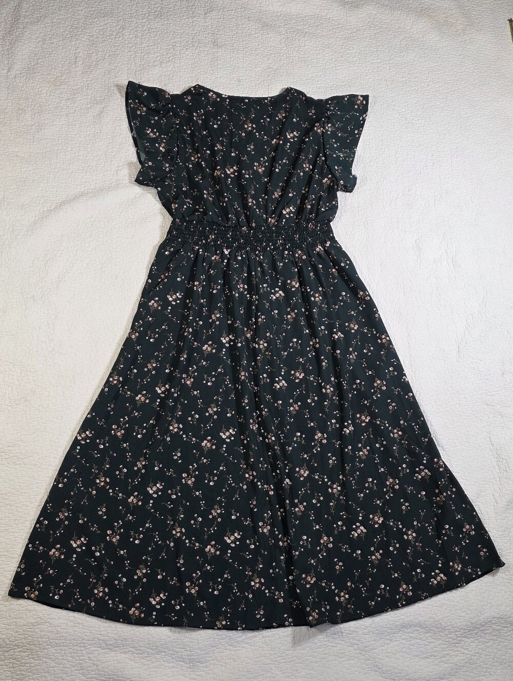 Shein Green Floral V-Neck Smocked Waist Flutter Sleeve Dress - Picture 3 of 8